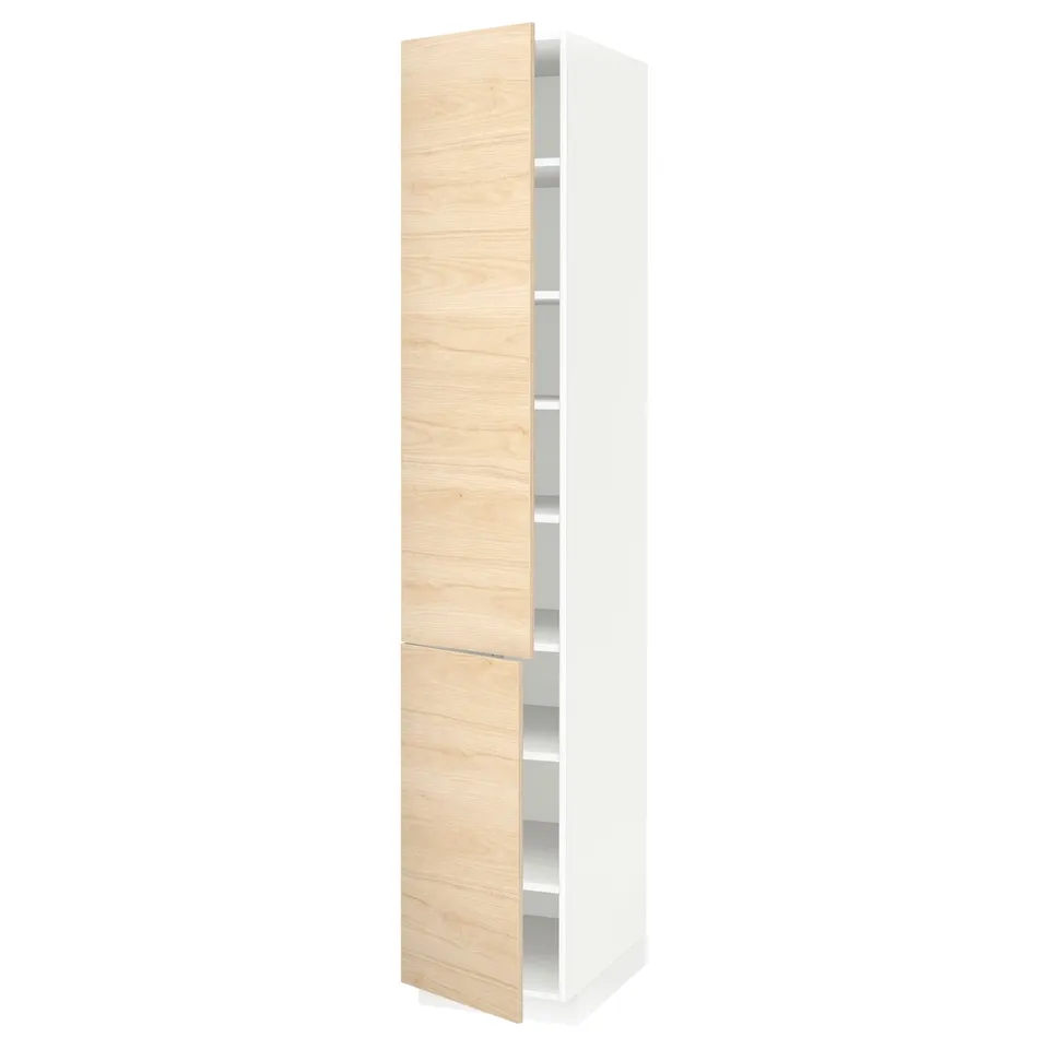 Tall white cabinet with light wood doors, modern design, sturdy construction.