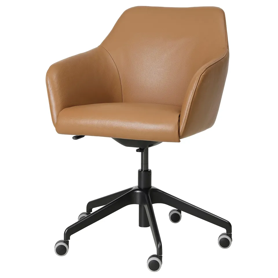 TOSSBERG tan leather office chair, padded, swivel, adjustable height, five castors.
