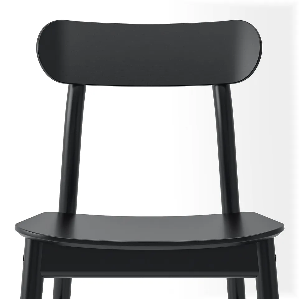 Elegant black chair with sleek, rounded design. Sturdy wood construction, visible grain. Comfortable seat and backrest.