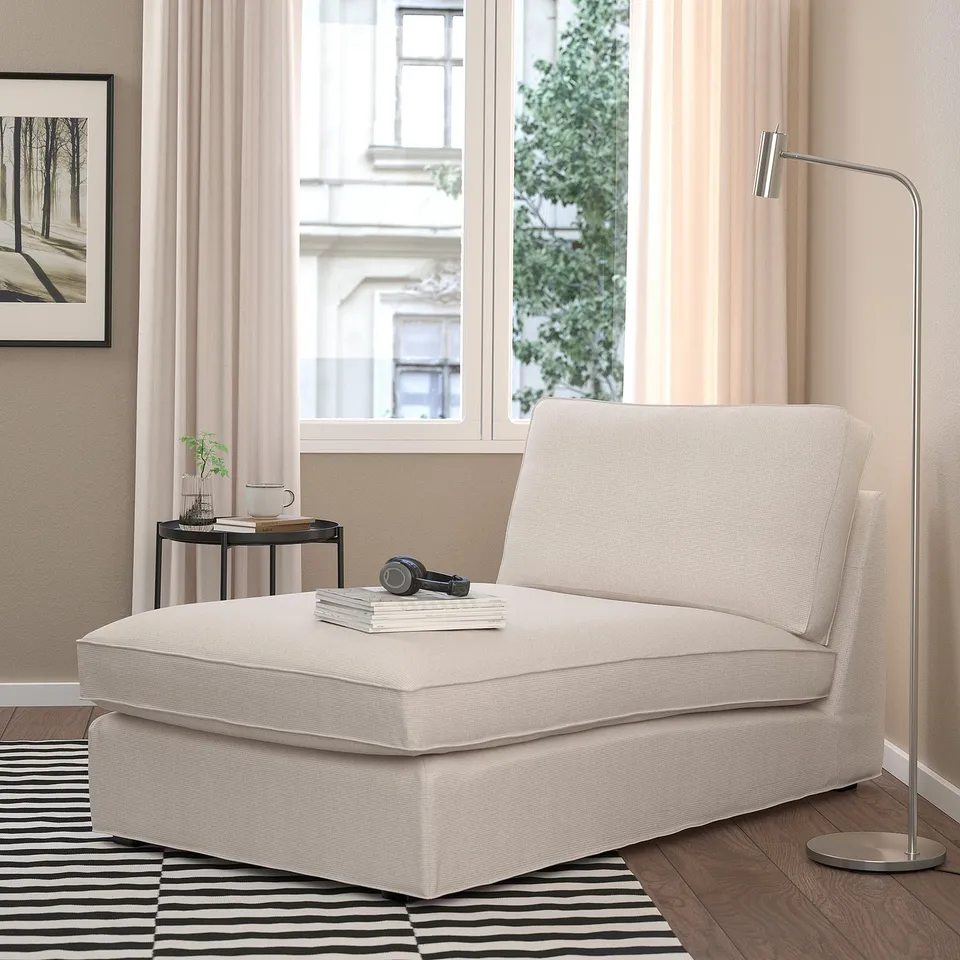 KIVIK chaise, cream, soft fabric, l-shaped, cosy. Smaller than side table, near window.