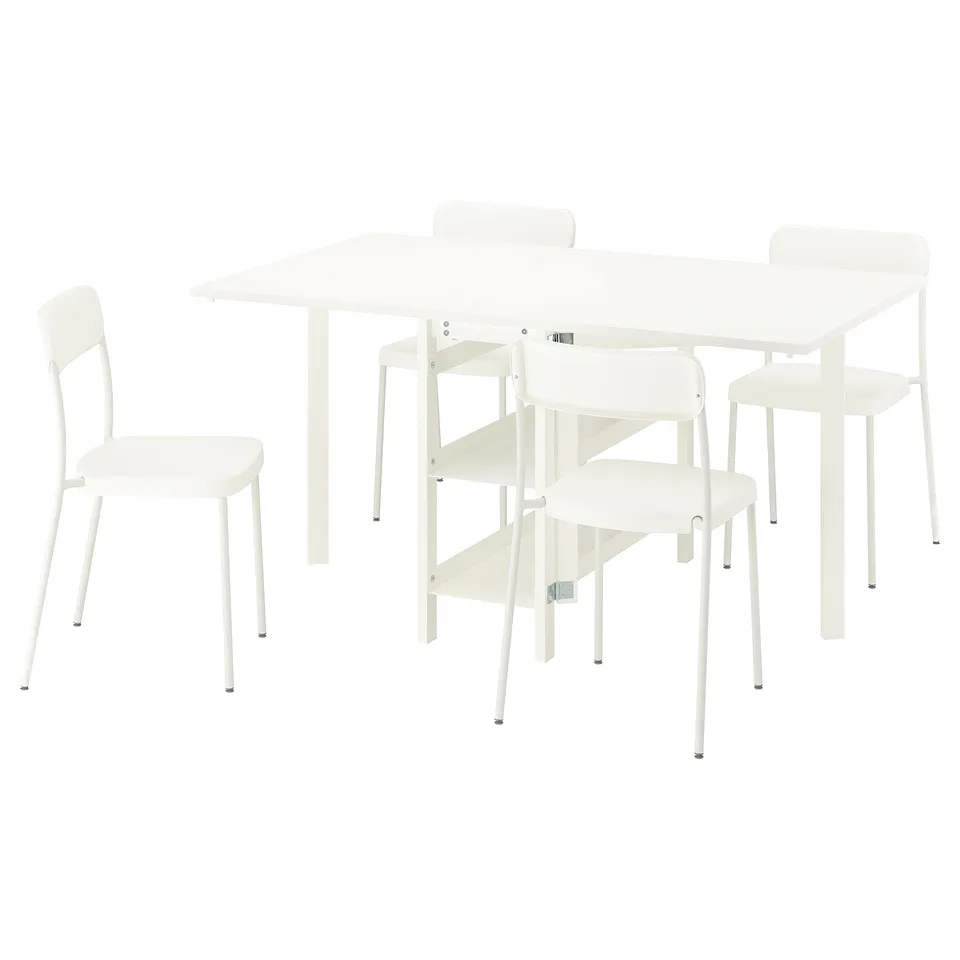 White VIHALS dining set with stackable chairs and extendable table.