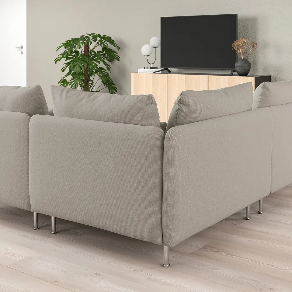 SÖDERHAMN sofa, grey, deep seats, low back, light wooden floor, tv & plants.