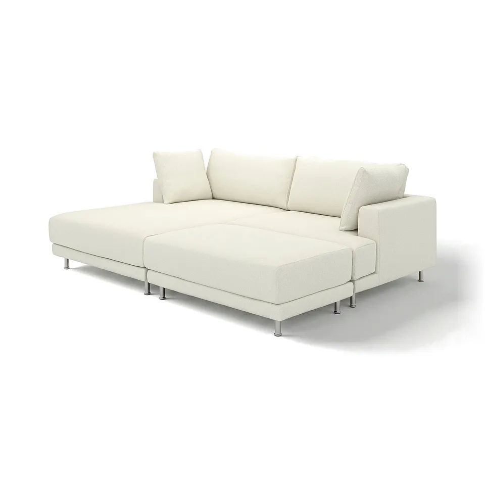 Modern white sectional sofa with clean lines, plush cushions, and metallic legs.