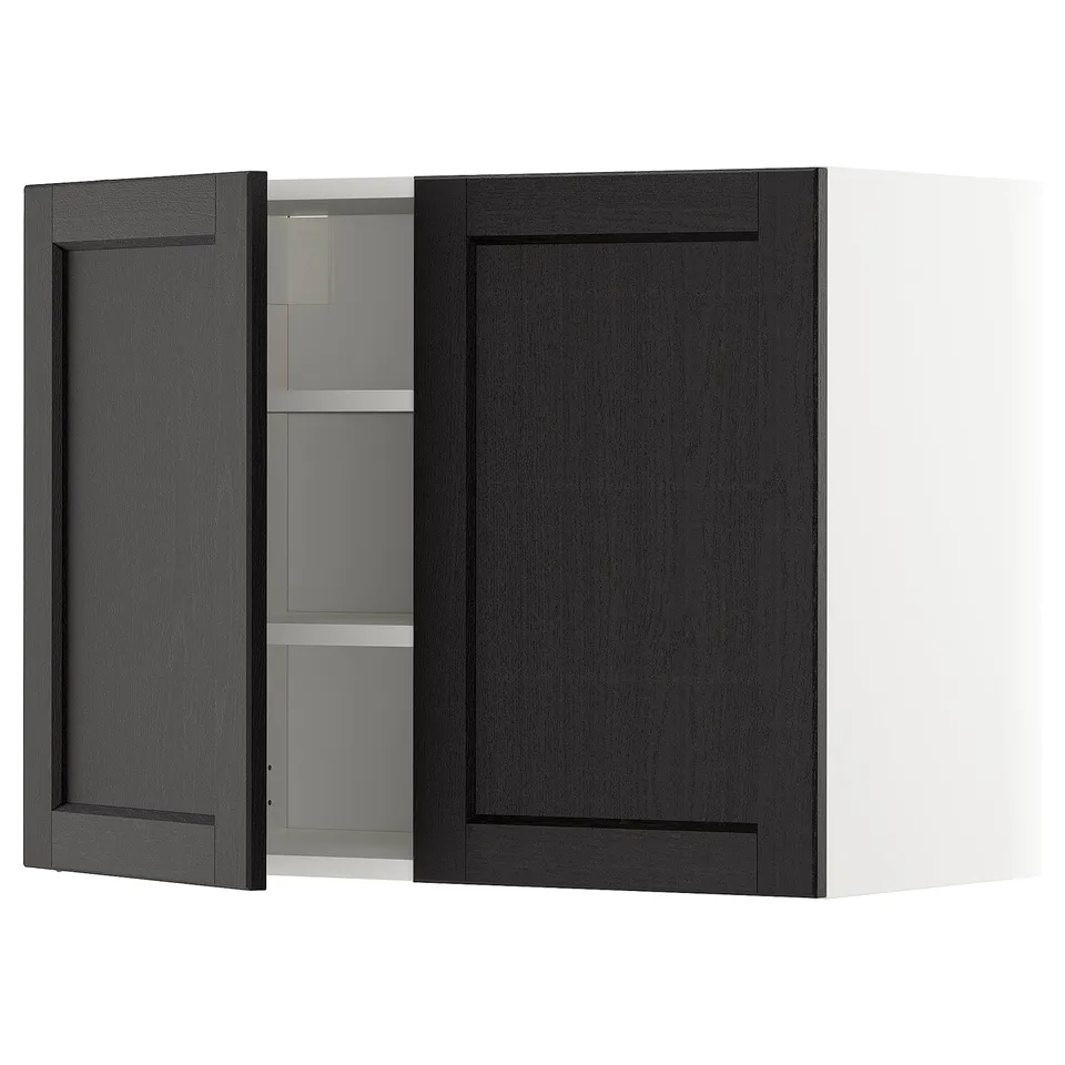 Grey cabinet, open door, shelves, ash veneer, traditional style.
