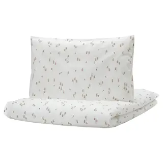 GULDVÄVARE duvet cover 1 pillowcase for cot, white/floral pattern, 110x125/35x55 cm