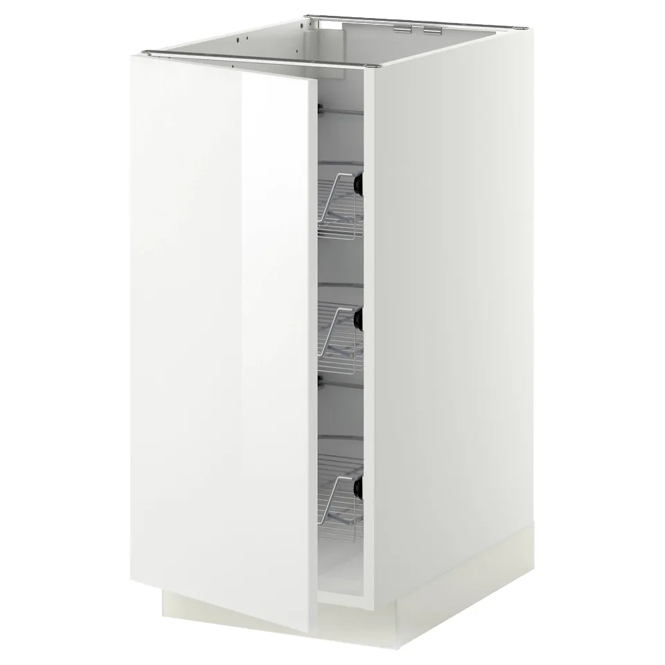 White METOD kitchen cabinet, glossy finish, with pull-out wire baskets.