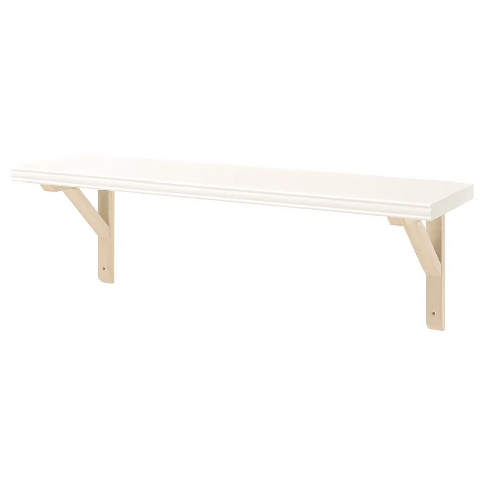 A white BERGSHULT wall shelf with wooden brackets. Simple, rectangular design for storage or display.