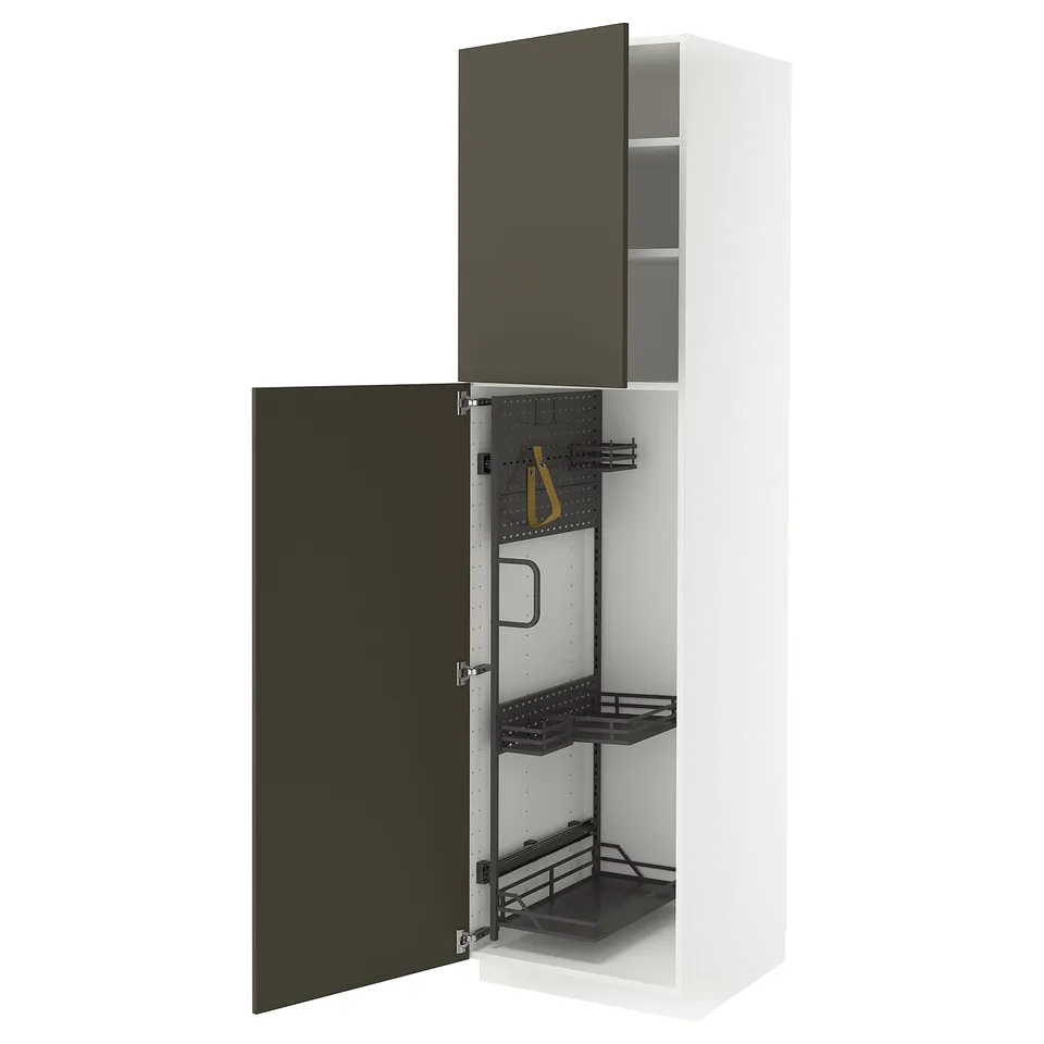 A white METOD kitchen cabinet with a dark brown door, featuring adjustable shelves and built-in organisers.
