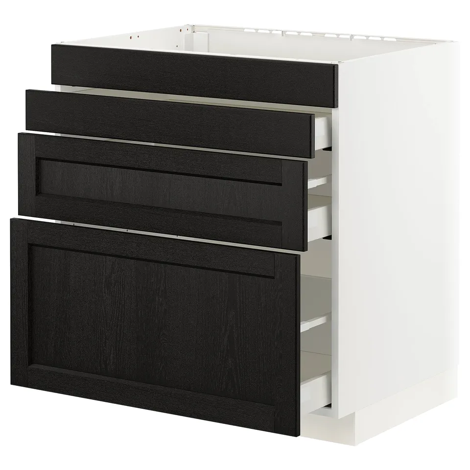 Modern kitchen cabinet, black & white, three drawers, sleek design, sturdy wood.