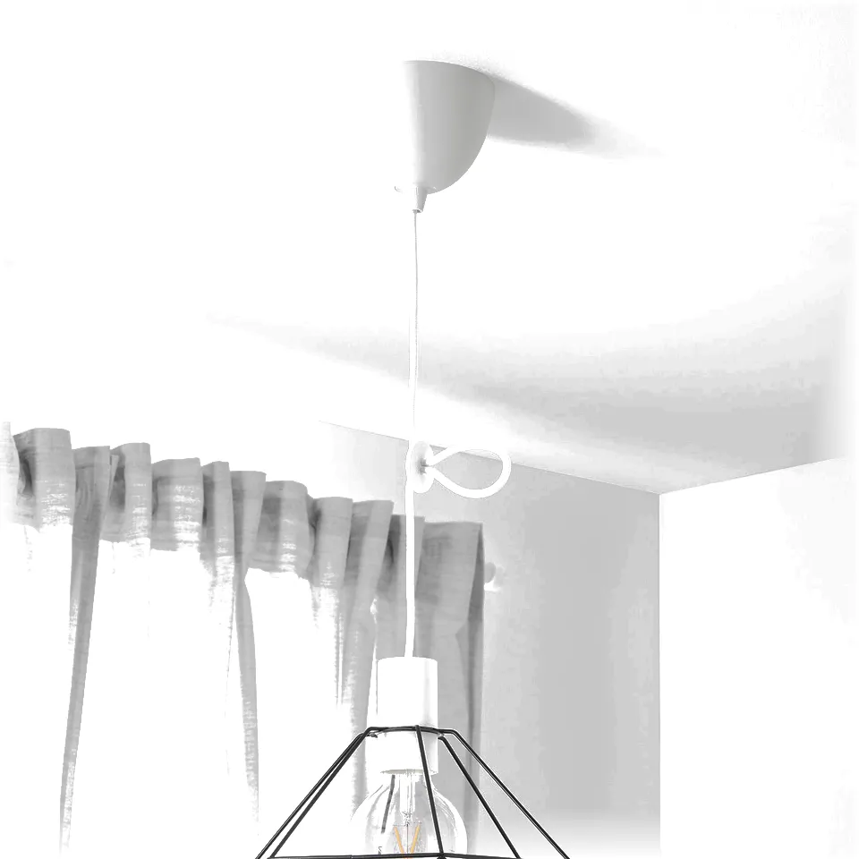 White pendant lamp cord set with a bulb and metal shade hangs from ceiling.