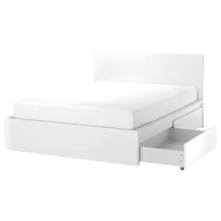 MALM bed frame, high, w 4 storage boxes, white/Lönset, 150x200 cm