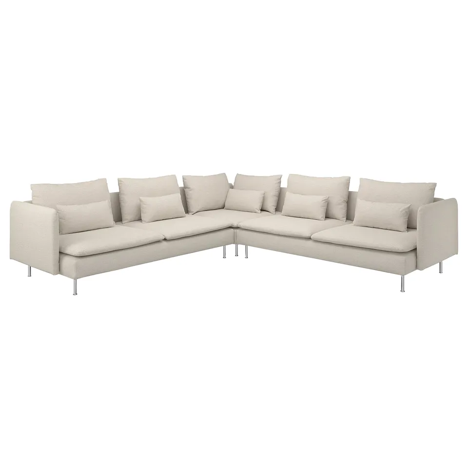 SÖDERHAMN beige sectional sofa. Modern, l-shaped design with cushion back & seat, metallic legs.