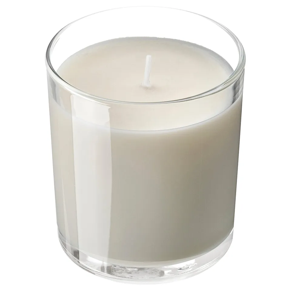 LOTSFÅGEL Scented candle in glass, Vanilla pale beige, 40 hr