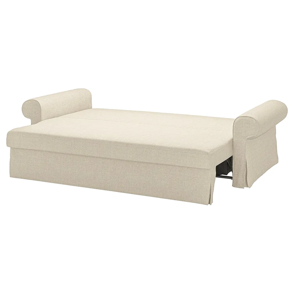 VRETSTORP beige sofa-bed with rolled arms, neutral fabric, wide and plush design.
