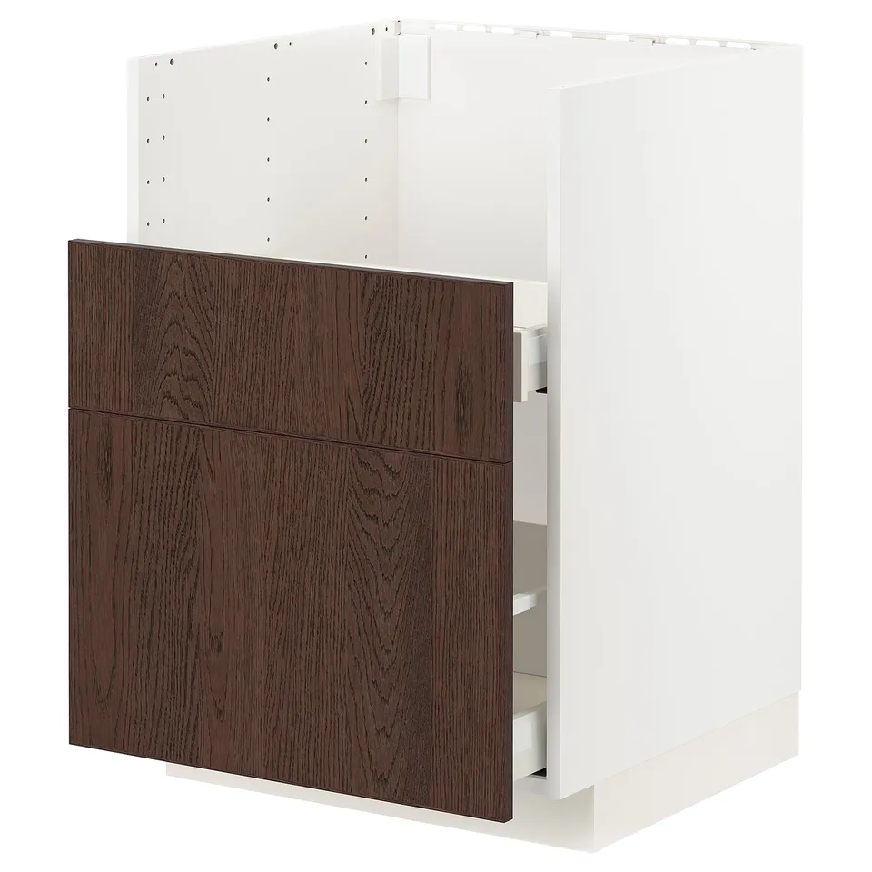 METOD kitchen unit, dark brown sinarp wood, white frame, 3 drawers.