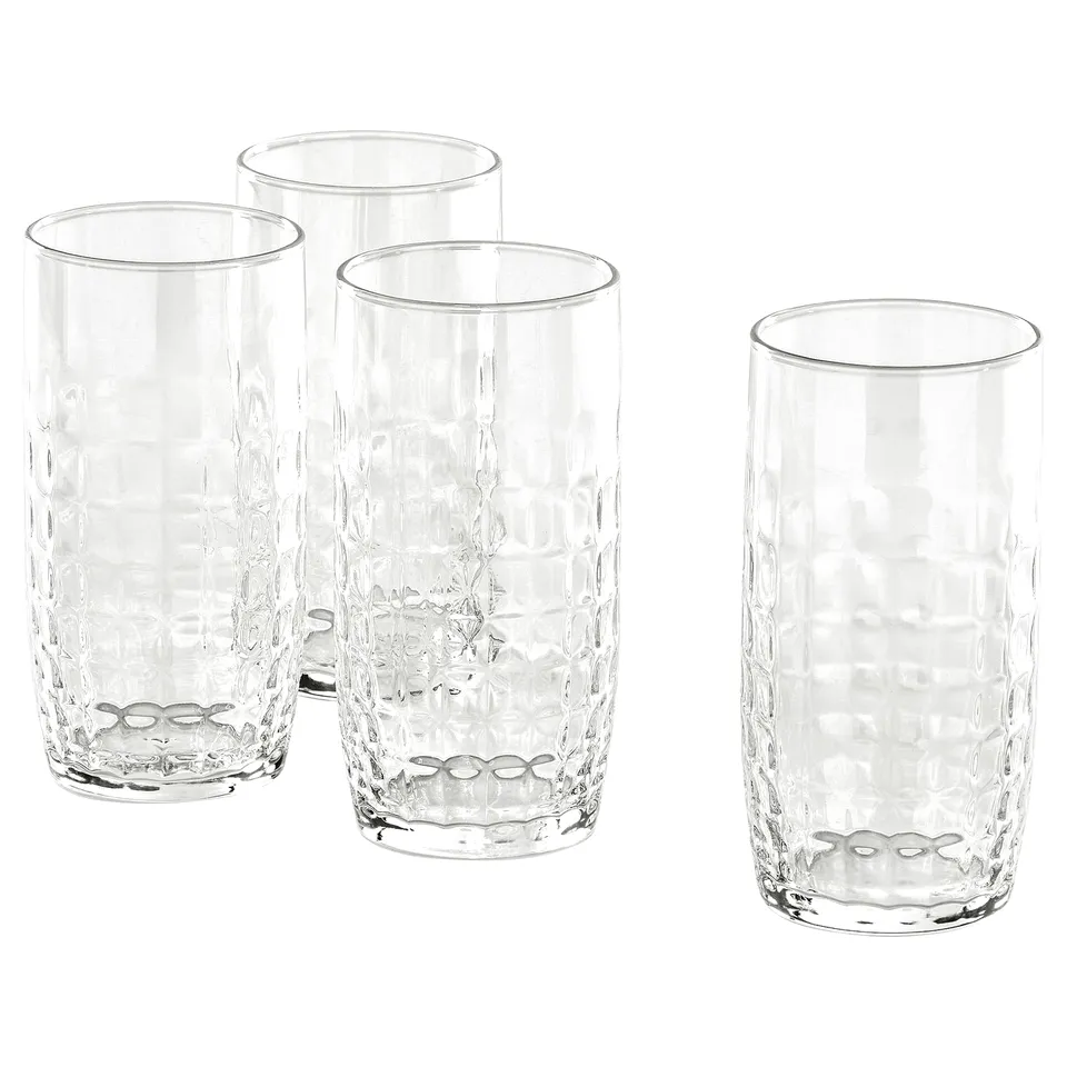 Set of 4 clear, tall, faceted glass cups.