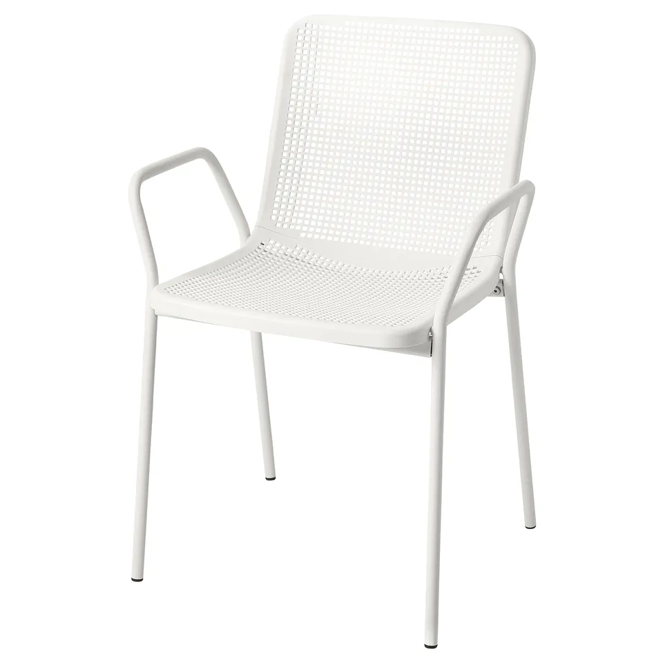 White torparò metal chair with armrests, sleek design.