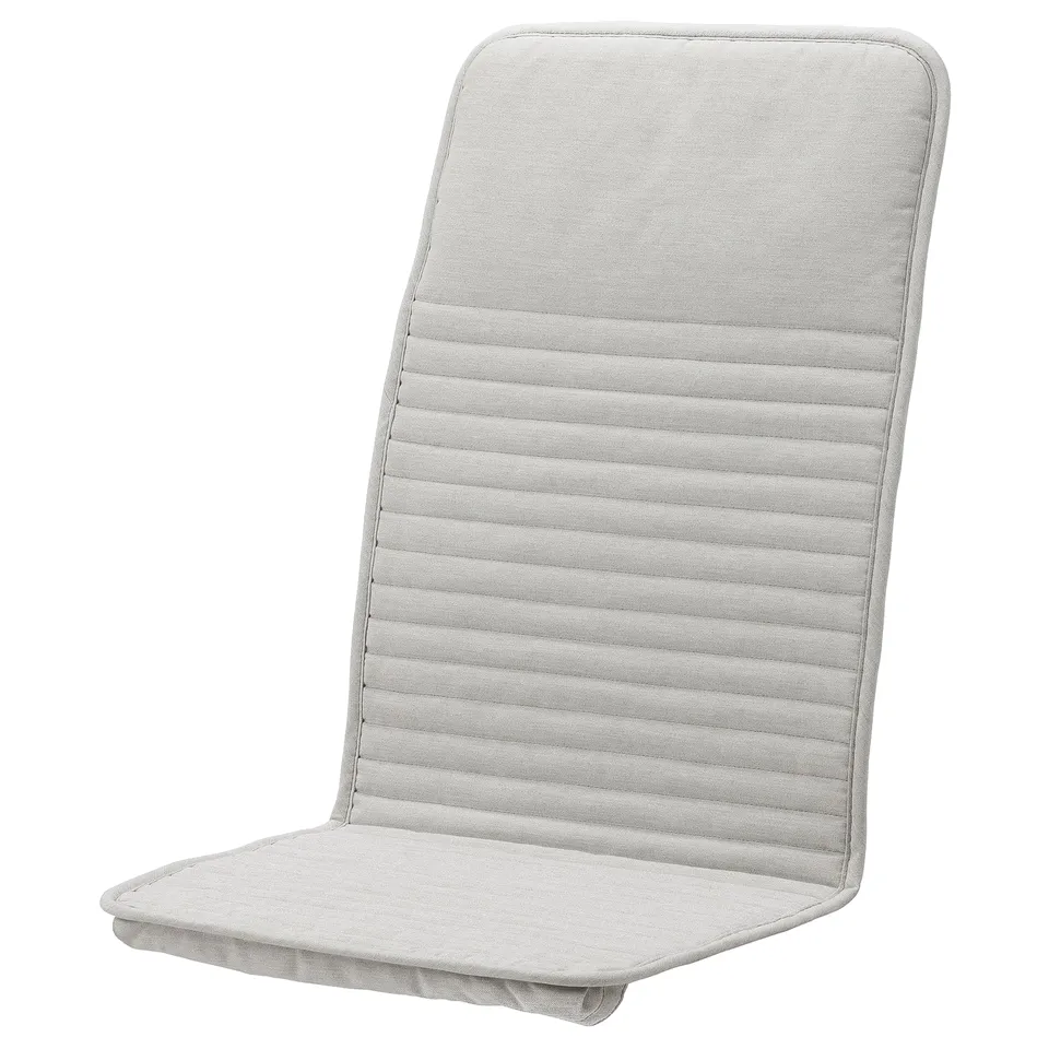 Light grey POÄNG chair pad with wide stitching, soft fabric, rectangular shape.