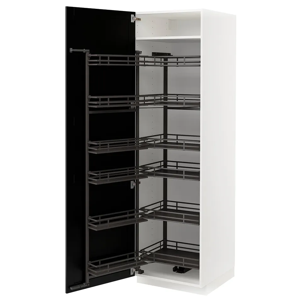 White METOD kitchen unit, black pull-out shelves, modern design.