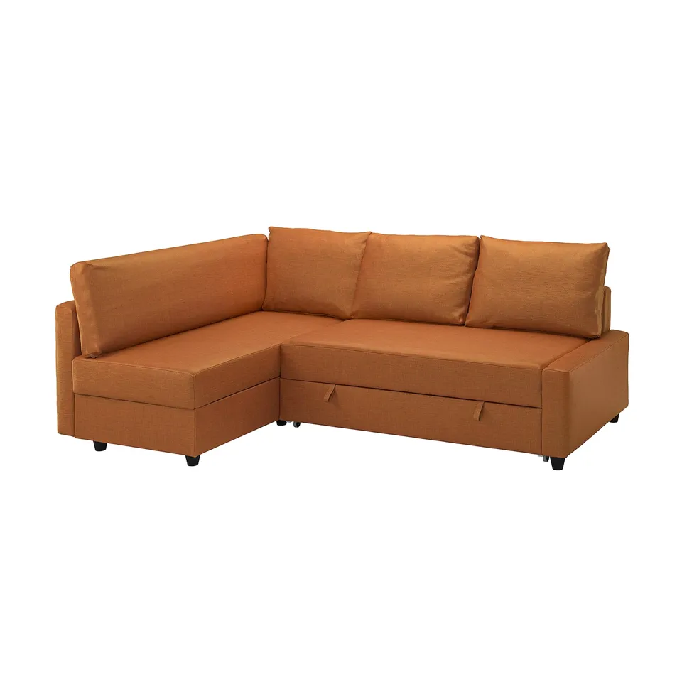 FRIHETEN: orange corner sofa-bed with storage, convertible design.