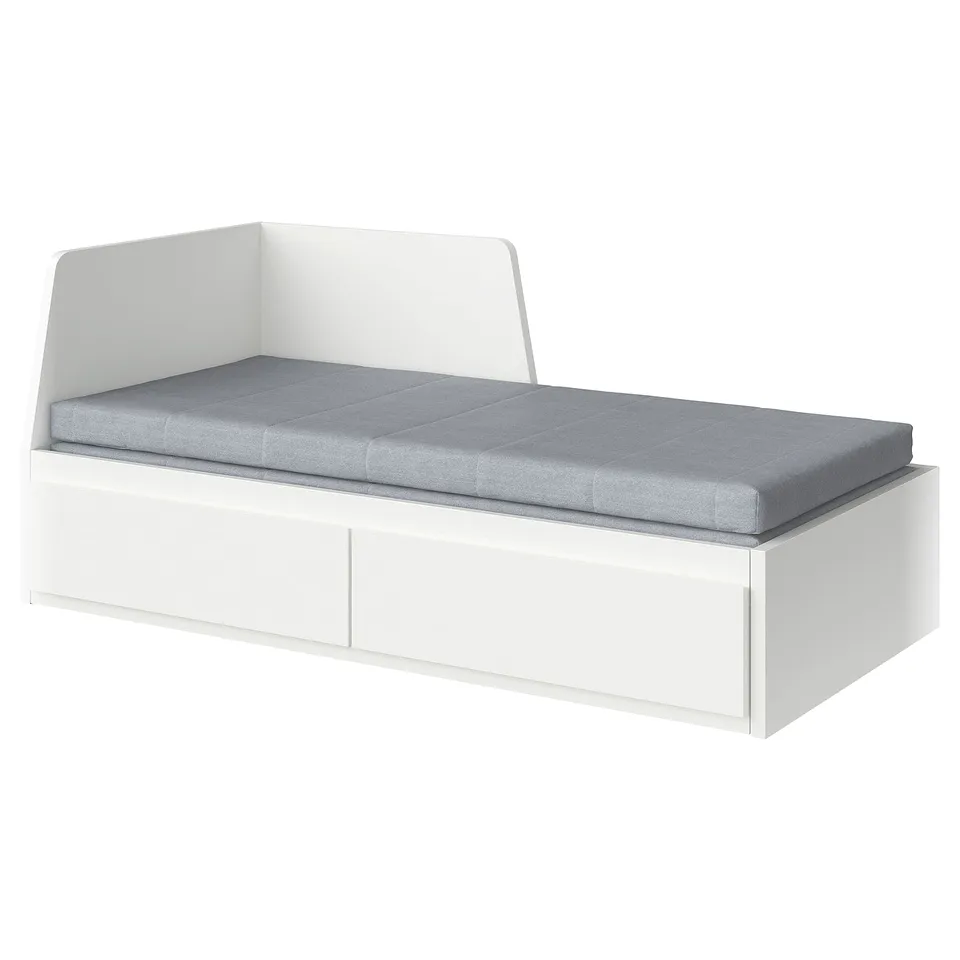 White convertible daybed with grey cushions, modern design, two storage drawers.