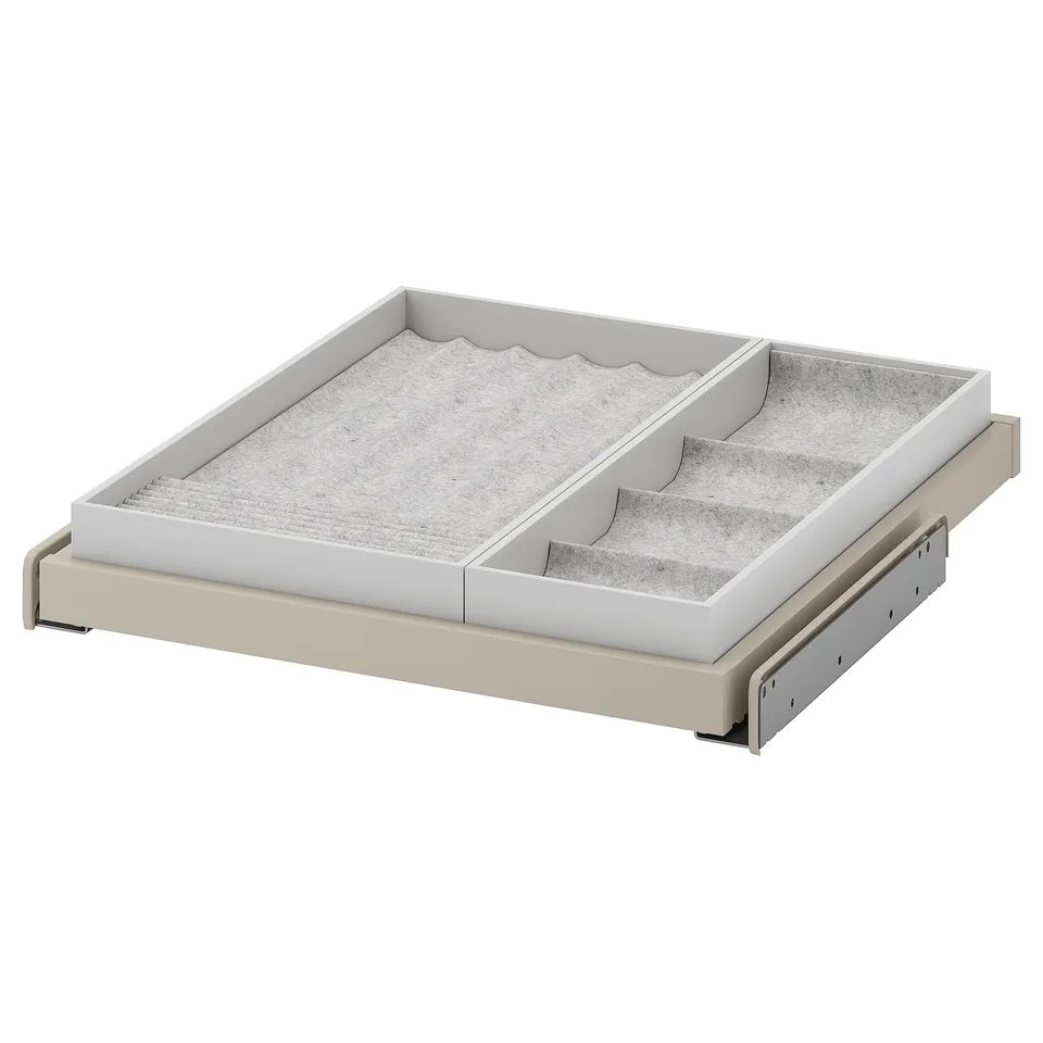 KOMPLEMENT beige drawer organiser with felted trays for jewellery.