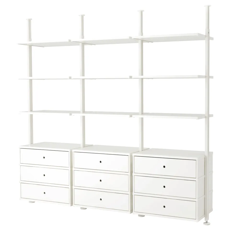 ELVARLI white modular storage system. Shelves and drawers for versatile storage. Adjustable height from 222-350 cm, suits various spaces.