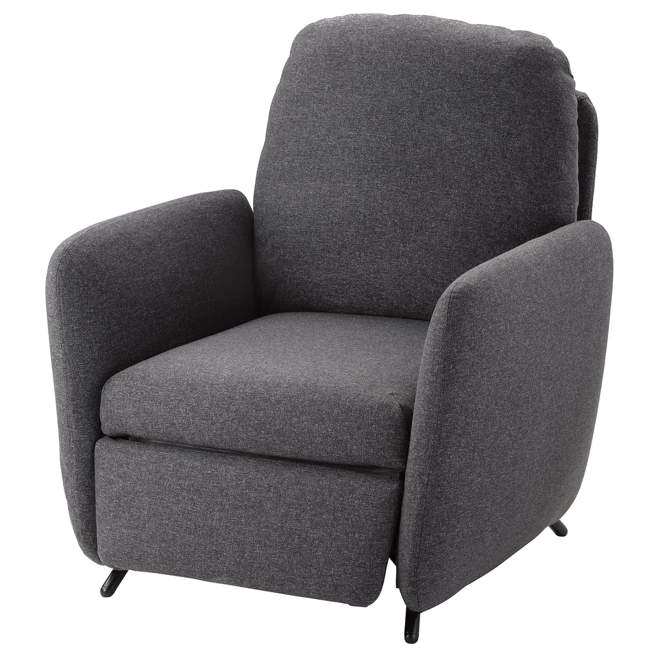 EKOLSUND grey recliner, soft rounded shape, adjustable back, upholstered fabric.