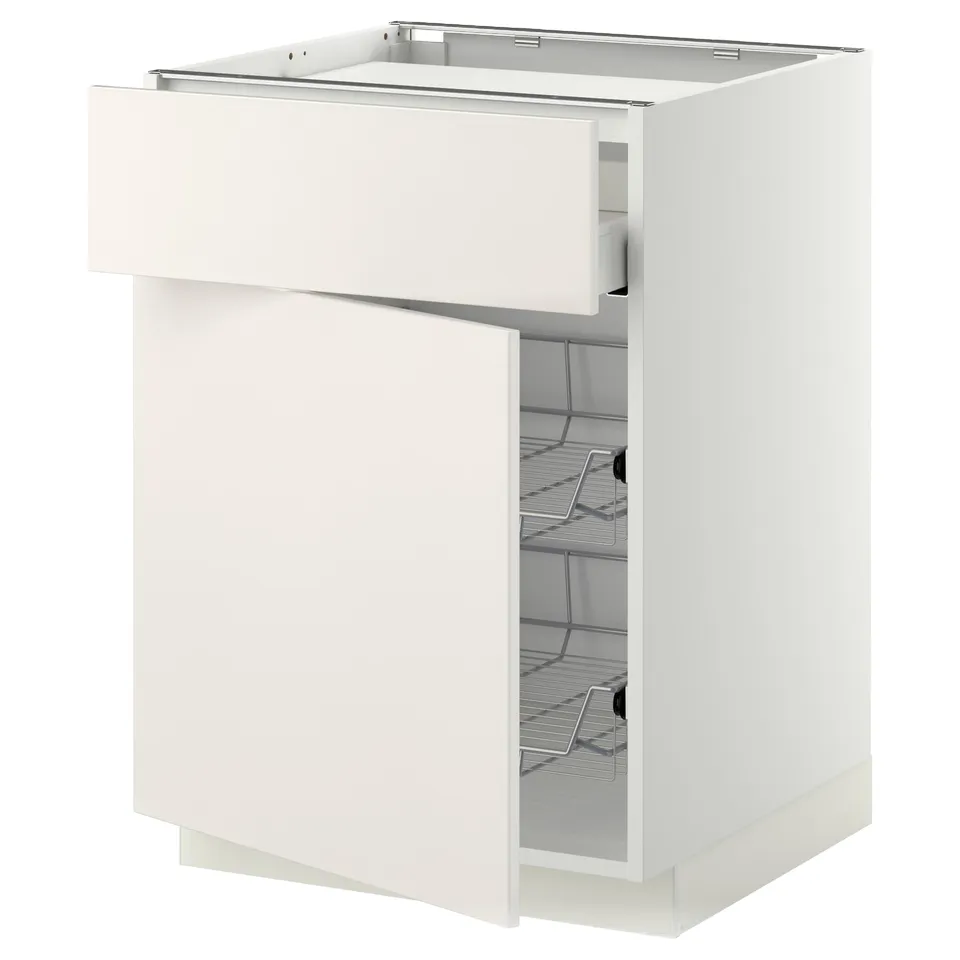 White METOD kitchen cabinet with drawers and wire shelves.