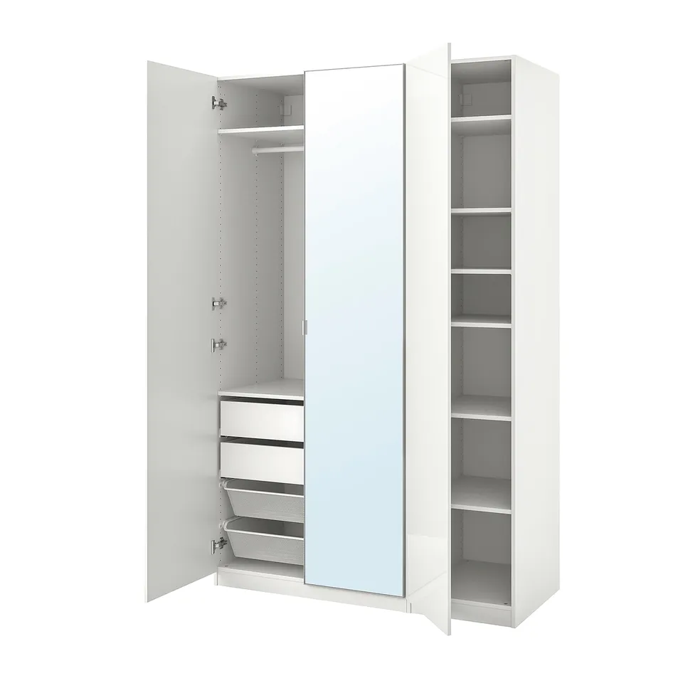 A white PAX wardrobe with open doors, featuring drawers, shelves, and a mesh basket.