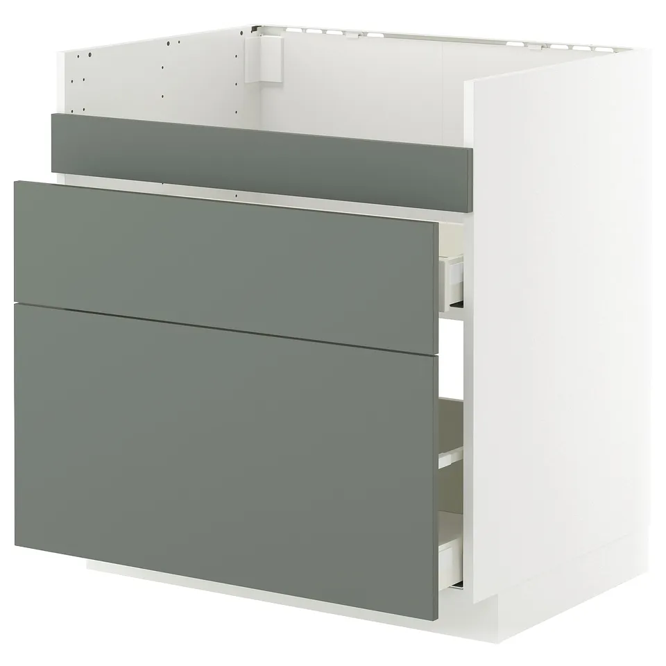 Modern METOD kitchen cabinet in grey-green with three drawers, made of particleboard and plastic, featuring a sleek design.
