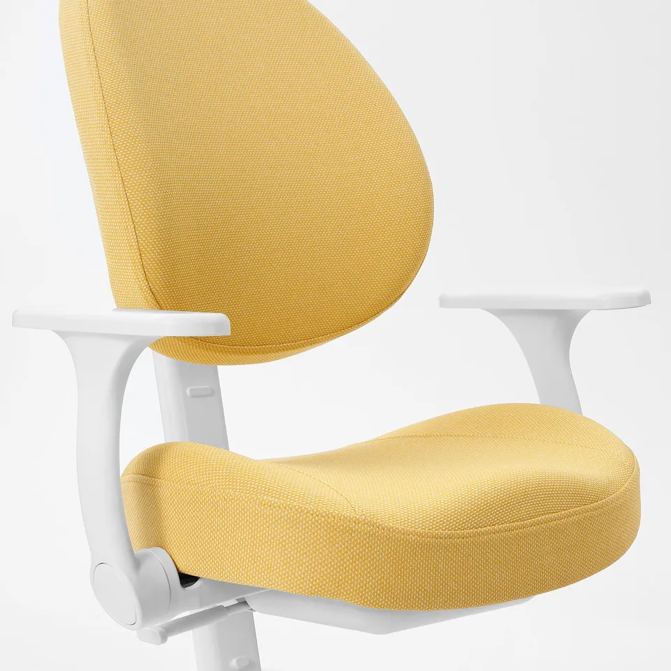 Yellow ergonomic office chair with adjustable seat and back, white armrests, and casters.