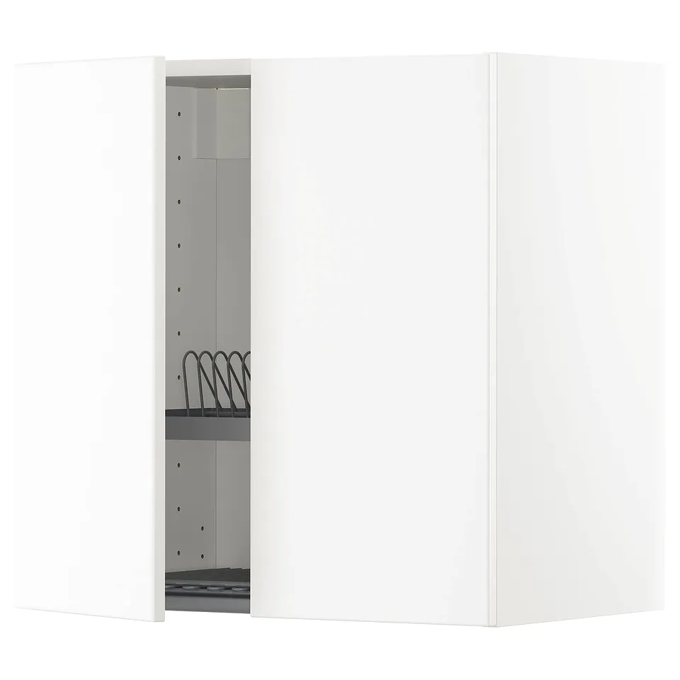 A white METOD kitchen cabinet with an integrated black dish drainer. It a streamlined design and sturdy construction.
