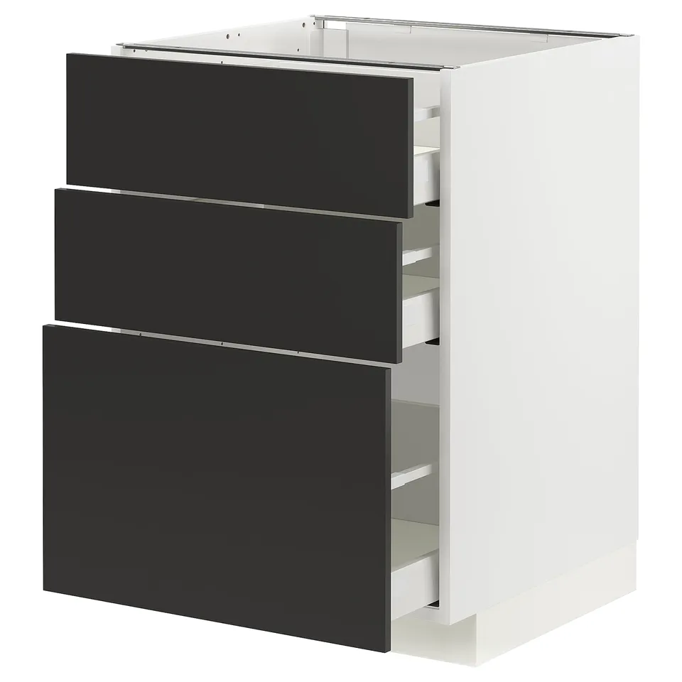 A modern white and black kitchen cabinet with three dark grey drawers. The cabinet has a square shape and stylish design.
