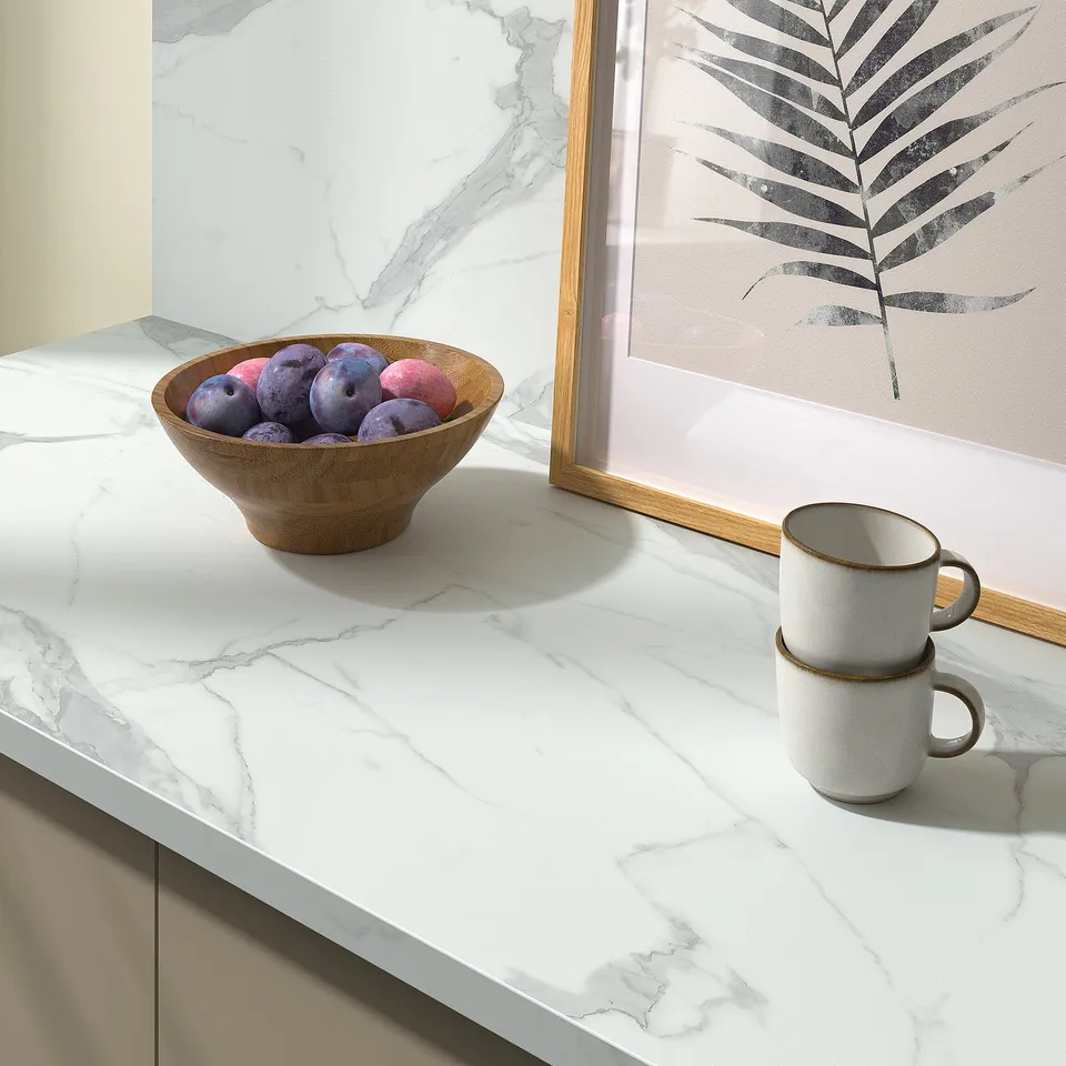 EKBACKEN Worktop, white marble effect/laminate, 186x2.8 cm