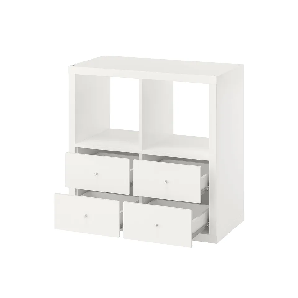The KALLAX storage unit in white four drawers and open shelves, ideal for organising items while maintaining a clean look.