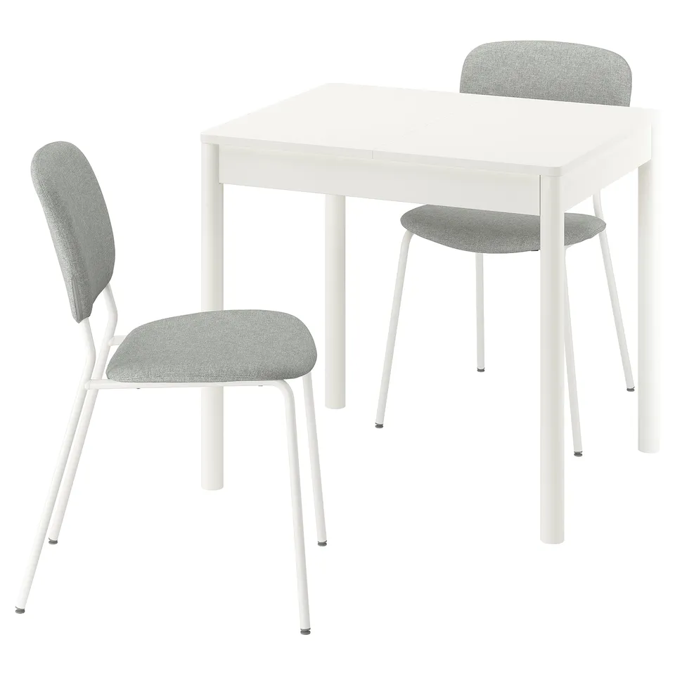 Extendable TONSTAD dining table with 2 grey fabric chairs.