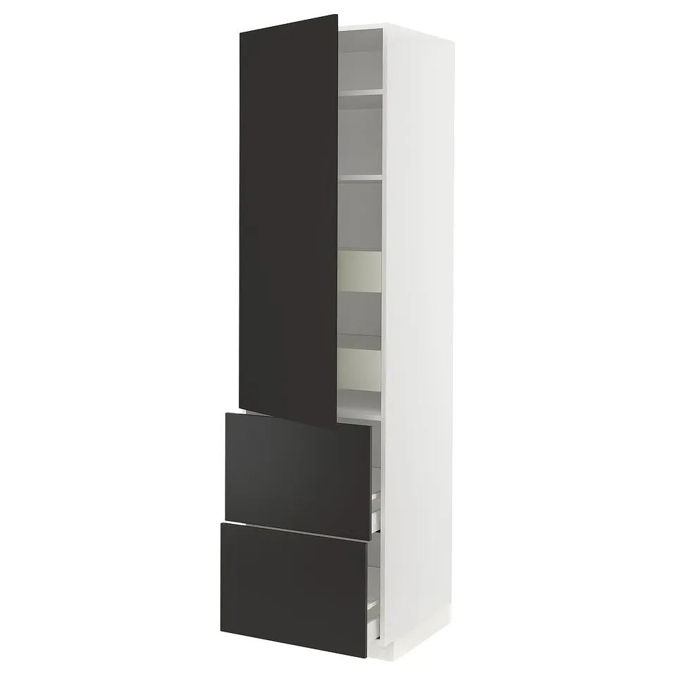 Modern tall white cabinet with black drawers and shelves.