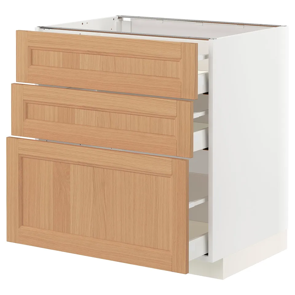 White METOD kitchen unit with oak drawers, three drawers, horizontal grain.