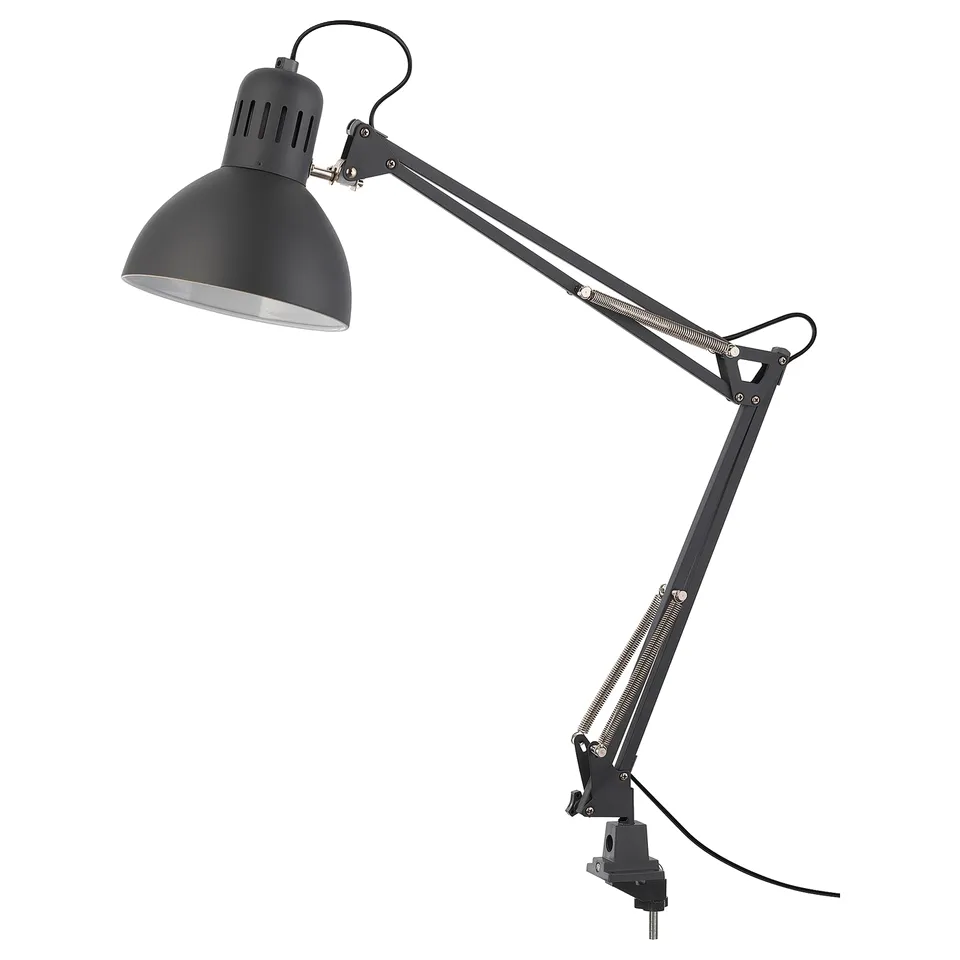 Black TERTIAL desk lamp with adjustable arm, classic steel design, reflector shade, table clamp mount.