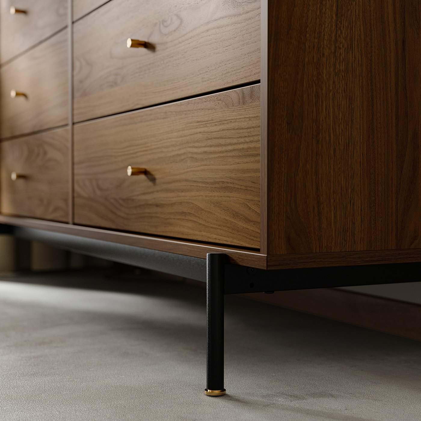 Mid-century walnut chest with six drawers and gold handles on black metal legs.