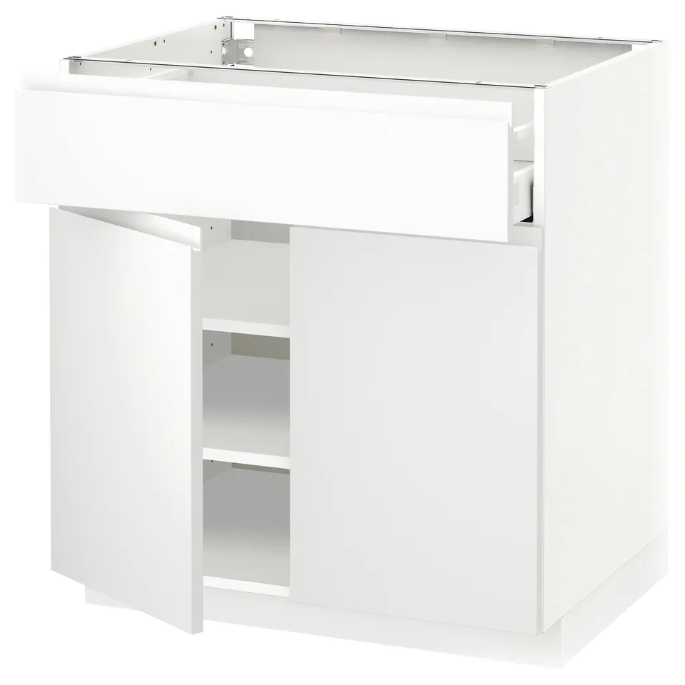 METOD white kitchen unit, modern minimalist design. High gloss finish, adjustable shelves, and pull-out drawer.