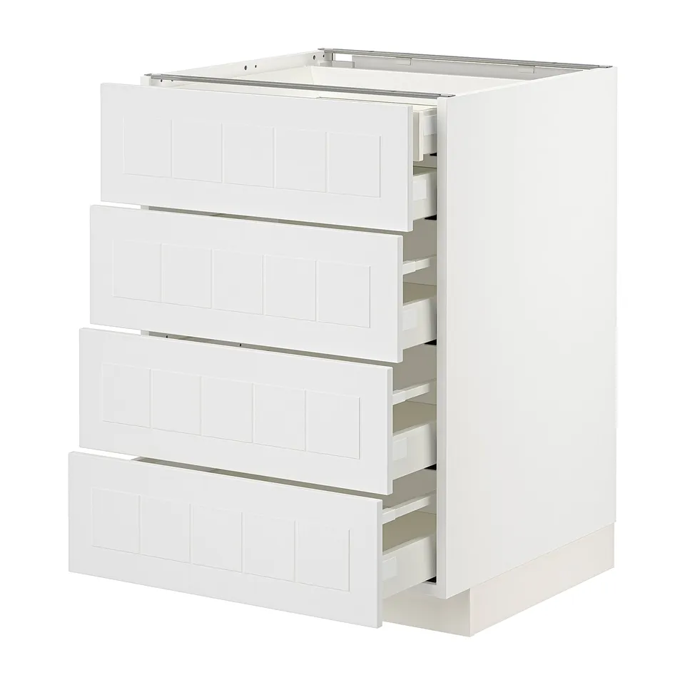 White METOD kitchen unit with four smooth-drawer fronts, glossy finish, square shape.