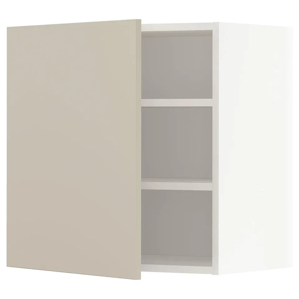 A beige METOD wall cabinet with three shelves, open to display storage space.