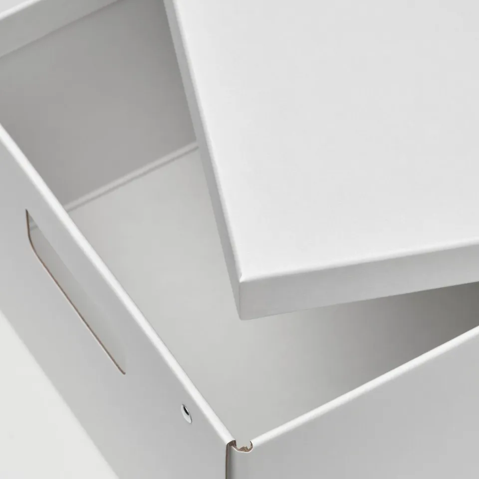White cardboard box with cut-out handles, durable, clean edges.