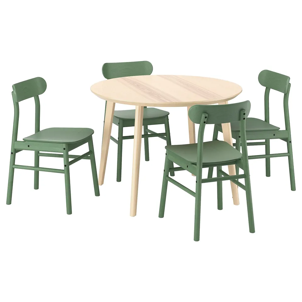 Modern dining set with light wood table, 4 green chairs, sturdy legs. Perfect for small spaces.