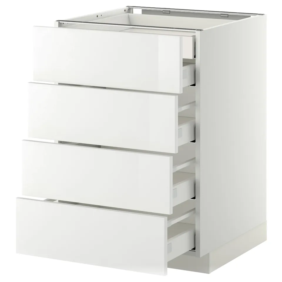A white METOD kitchen cabinet with four drawers in high gloss finish. Its rectangular with sleek handles and modern design.