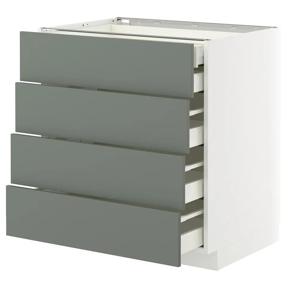 Modern kitchen unit with four gray-green drawers, sleek design, sturdy frame.