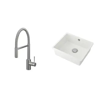 KILSVIKEN/SALLSJÖN set: kitchen mixer tap pull down w spray + inset sink, 1 bowl