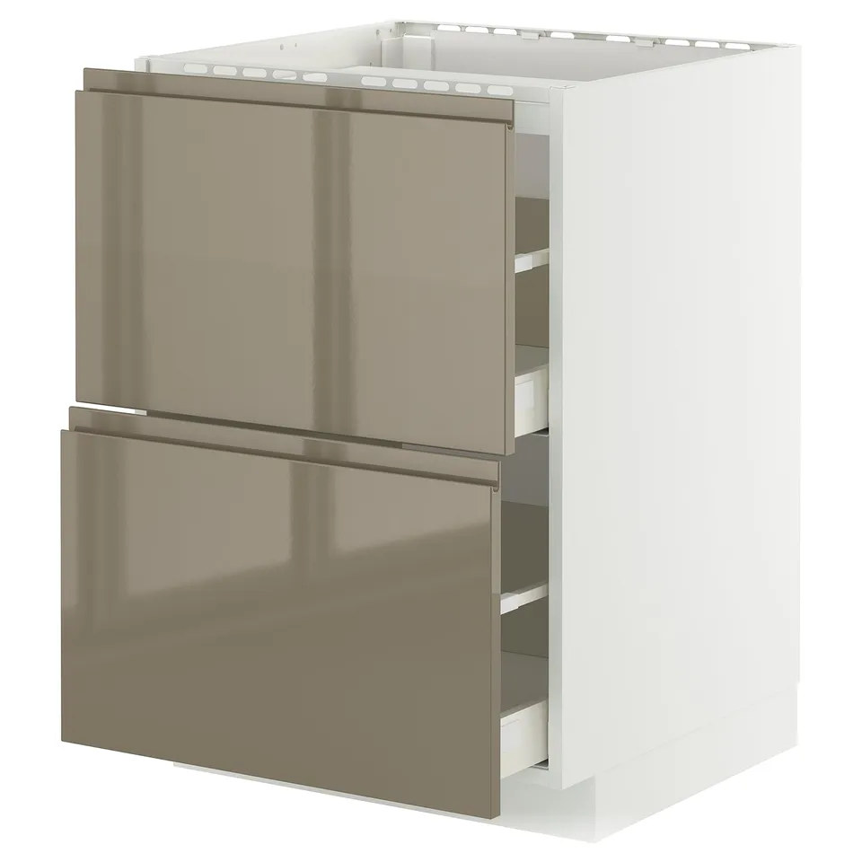 A high-gloss dark grey-brown kitchen cabinet with drawers from the METOD system.